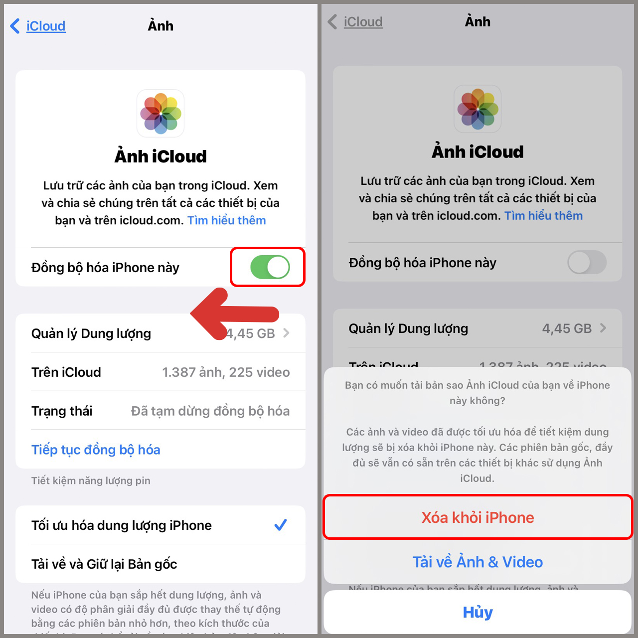 Bước 2: Tắt tính năng Đồng bộ hóa iPhone này => xác nhận Xóa khỏi iPhone